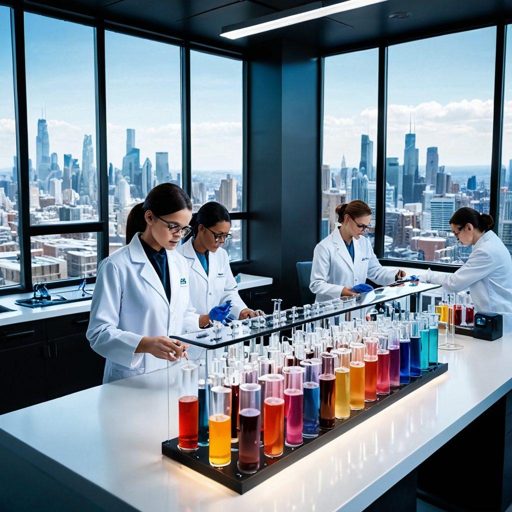 A futuristic lab environment showcasing advanced biotech equipment and sleek testing supplies lined up on a modern lab counter. Scientists in lab coats are engaging with touchscreen interfaces and high-tech machinery, depicting collaboration and efficiency. Bright, dynamic lighting emphasizes the cutting-edge technology while colorful test tubes and vials add vibrance to the scene. The backdrop features large windows with a city skyline, symbolizing progress and innovation. hyper-realistic. vibrant colors. modern design.