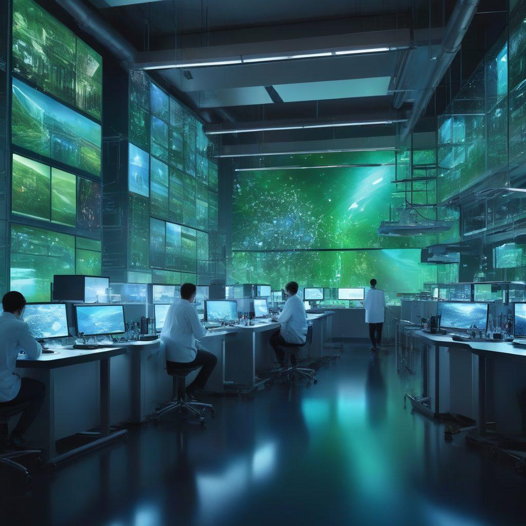 A futuristic laboratory filled with essential scientific equipment such as advanced microscopes, high-tech centrifuges, and sleek glassware. Researchers in lab coats are collaborating, surrounded by holographic displays of molecular structures and data analytics. A large window shows a city skyline with drones and green spaces, symbolizing the integration of science and urban life. Soft, ambient lighting enhances the atmosphere of innovation and discovery. digital art. vibrant colors. super-realistic.