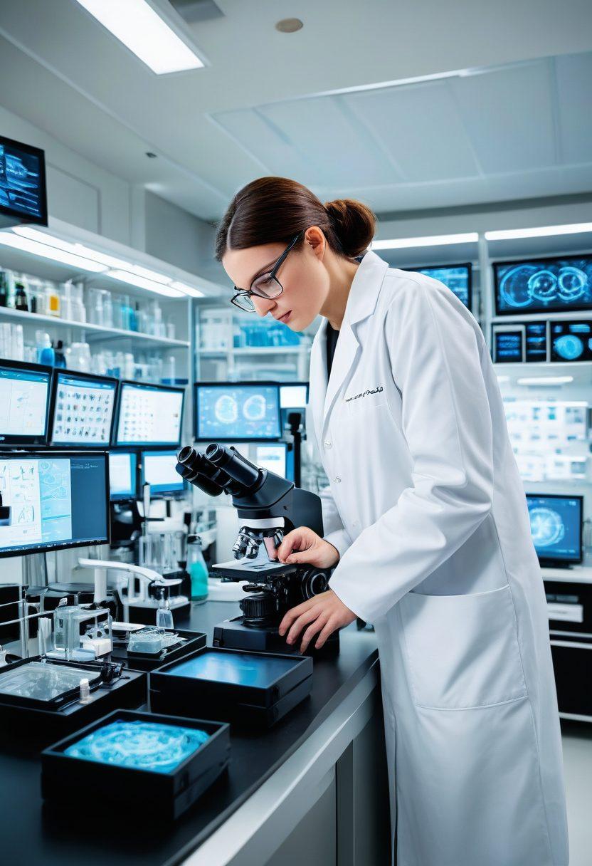 A modern laboratory filled with cutting-edge apparatus, showcasing innovative equipment like high-tech microscopes, advanced centrifuges, and robotic arms. The setting is bright and clean, emphasizing a futuristic atmosphere with vibrant colors and sleek designs. Scientists in lab coats actively conducting experiments and collaborating at high-tech workstations. The background features digital screens displaying scientific data. super-realistic. vibrant colors.